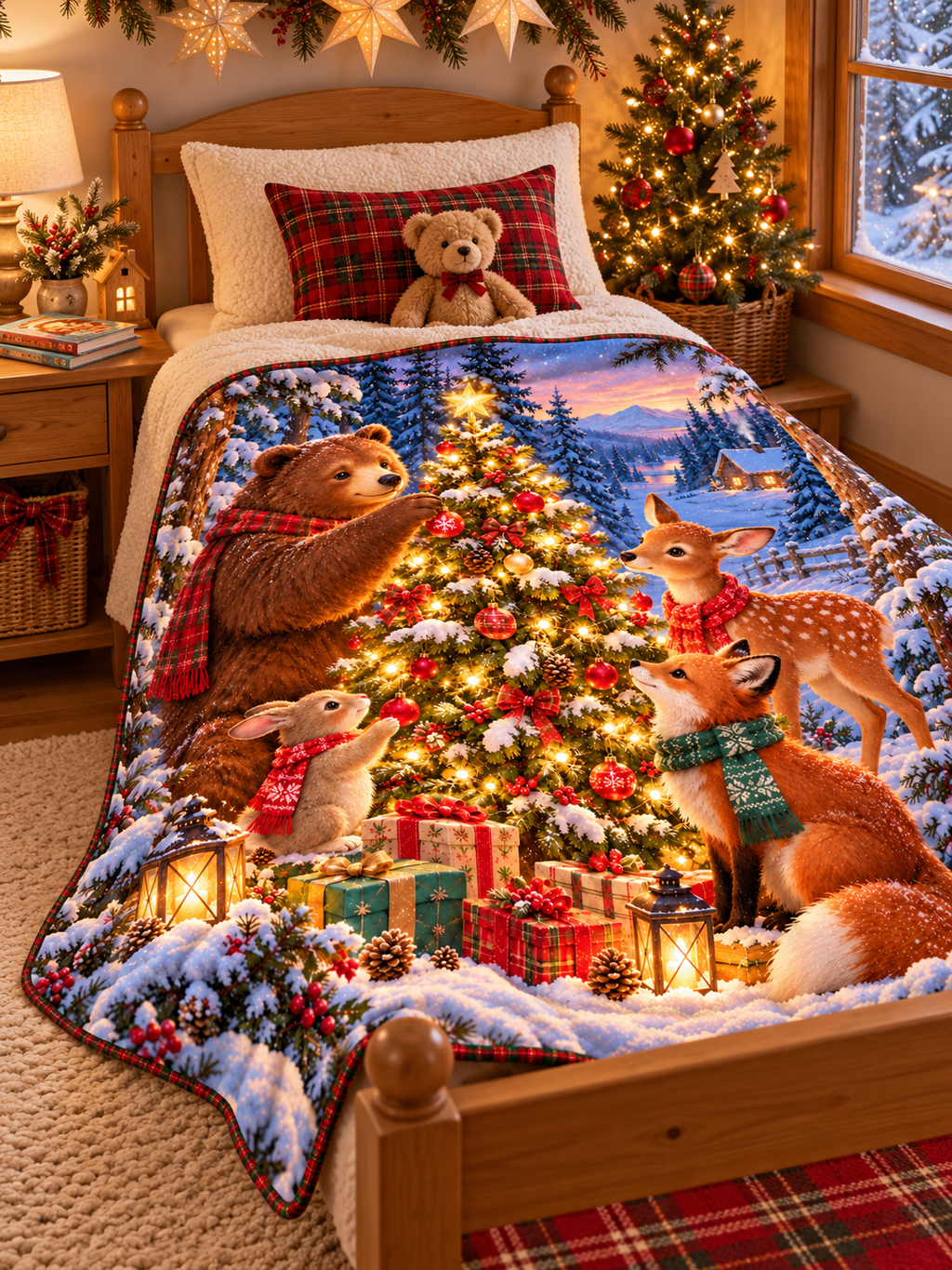 Christmas Woodland Animals Friends -  Sherpa Fleece Throw Blanket