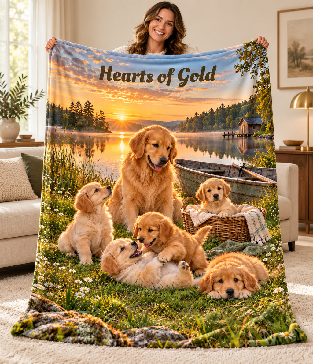 Personalize This Blanket - GOLDEN RETREIVER PUPPIES, Hearts Of Gold - Deluxe Sherpa Throw Blanket
