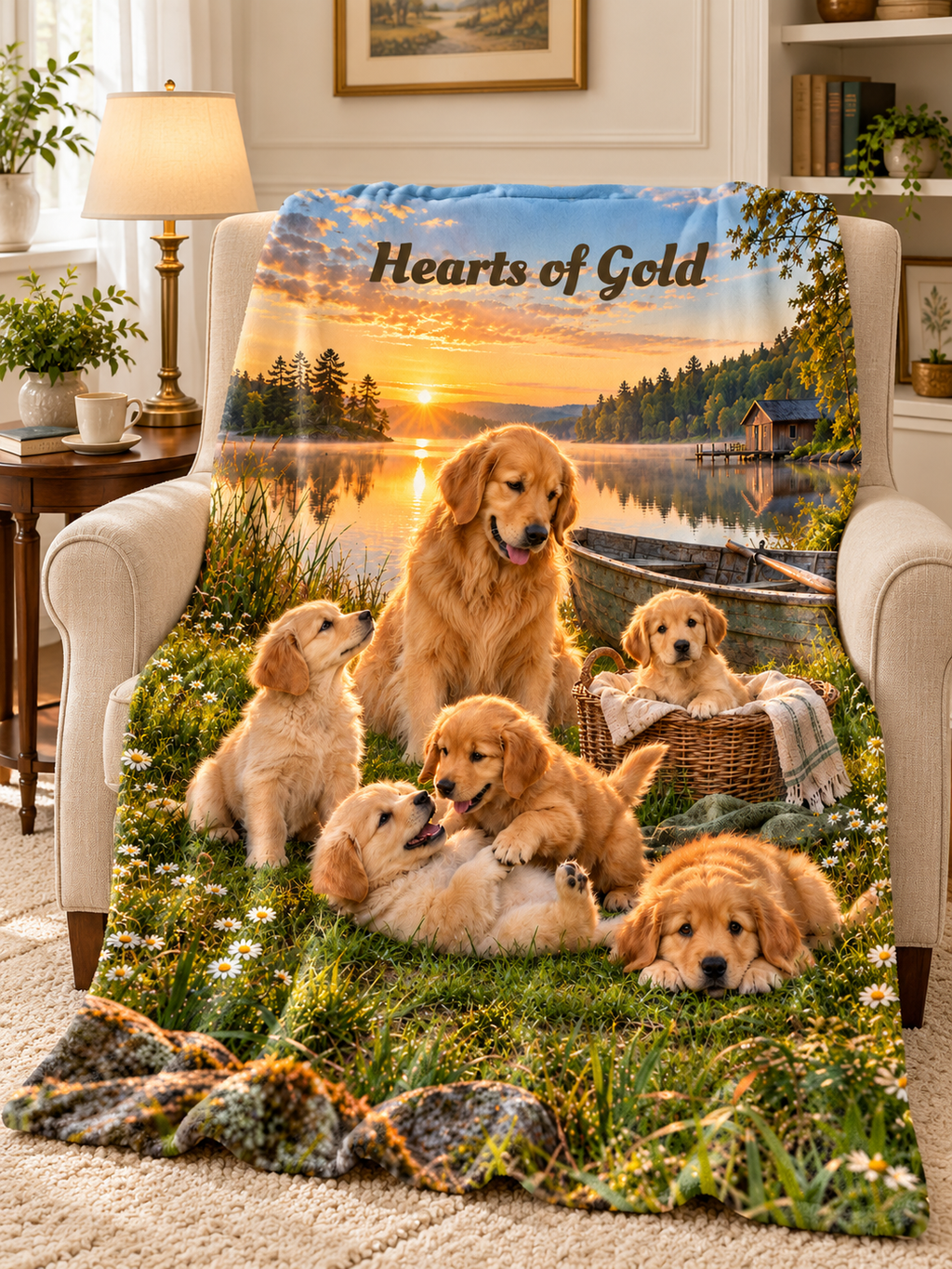 Personalize This Blanket - GOLDEN RETREIVER PUPPIES, Hearts Of Gold - Deluxe Sherpa Throw Blanket