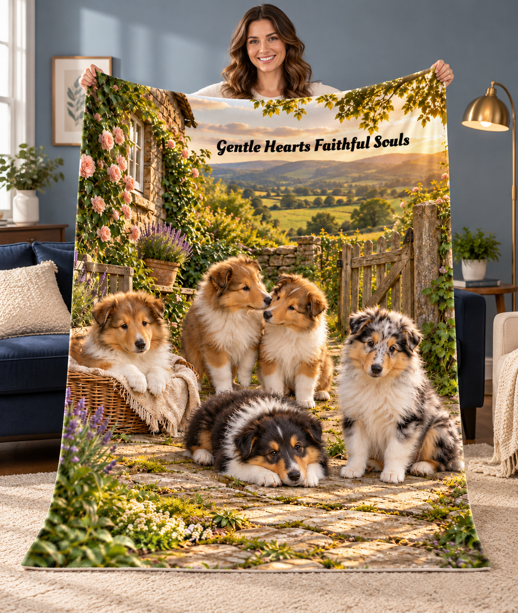 Personalize This Blanket - COLLIE PUPPIES, Gentle Hearts Faithful Souls - Deluxe Sherpa  Fleece Throw Blanket