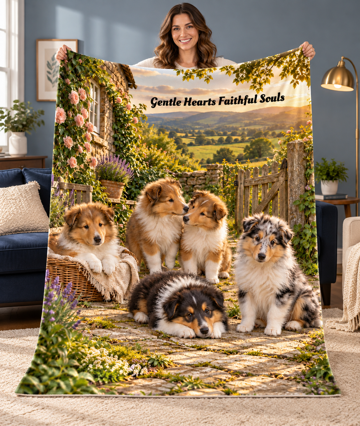 Personalize This Blanket - COLLIE PUPPIES, Gentle Hearts Faithful Souls - Deluxe Sherpa  Fleece Throw Blanket