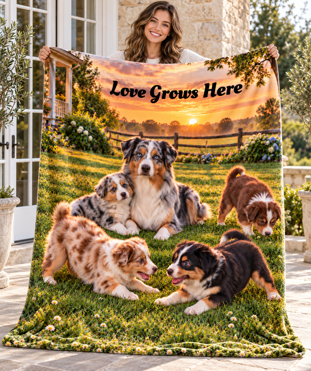 Personalize This Blanket - AUSTRALIAN SHEPHERD PUPPIES, Love Grows Here - Deluxe Sherpa Throw Blanket