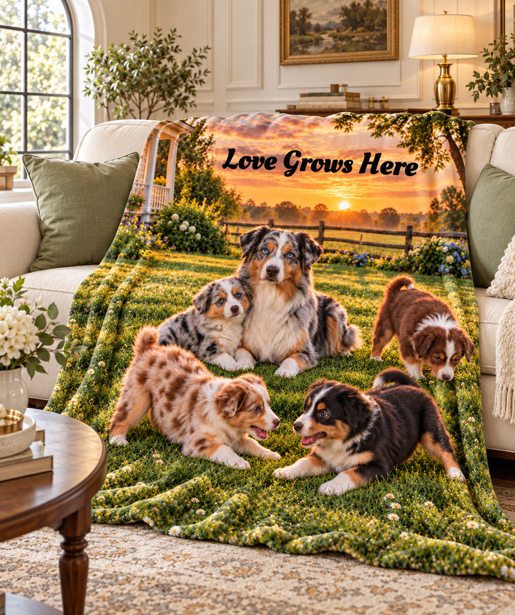 Personalize This Blanket - AUSTRALIAN SHEPHERD PUPPIES, Love Grows Here - Deluxe Sherpa Throw Blanket