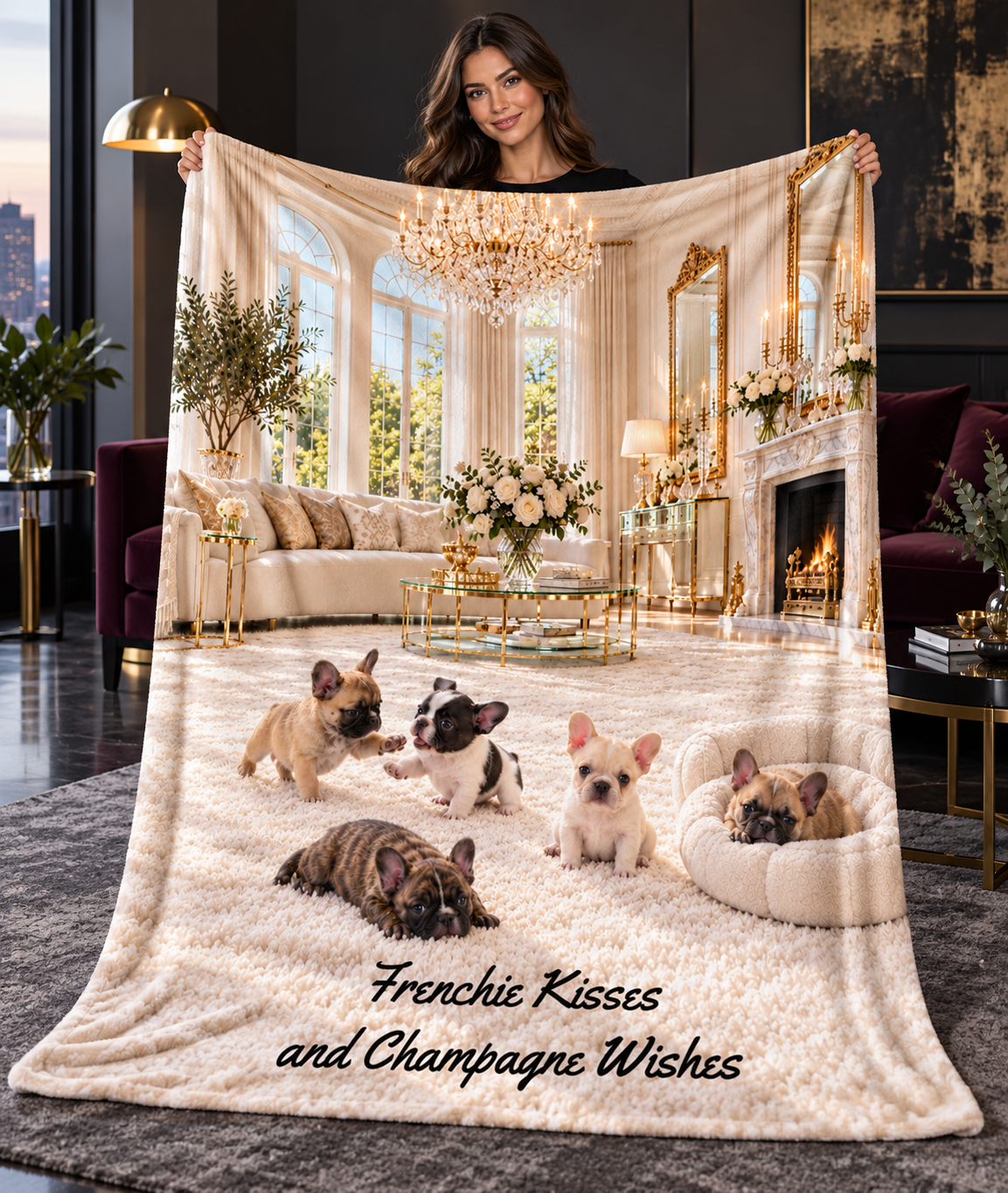 Personalize This Blanket - FRENCH BULL DOG PUPPIES, Frenchie Kisses and Champagne Wishes - Deluxe Serpa Fleece Throw Blanket
