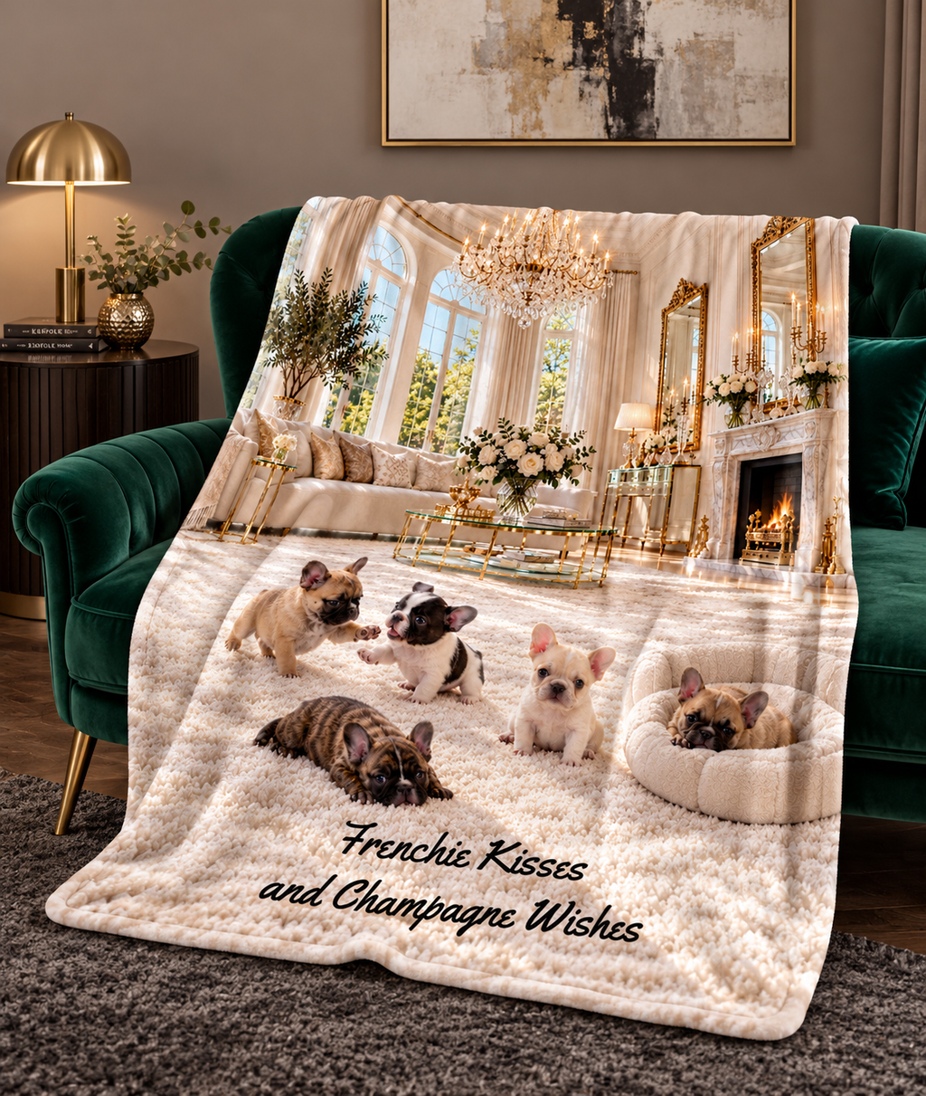 Personalize This Blanket - FRENCH BULL DOG PUPPIES, Frenchie Kisses and Champagne Wishes - Deluxe Serpa Fleece Throw Blanket