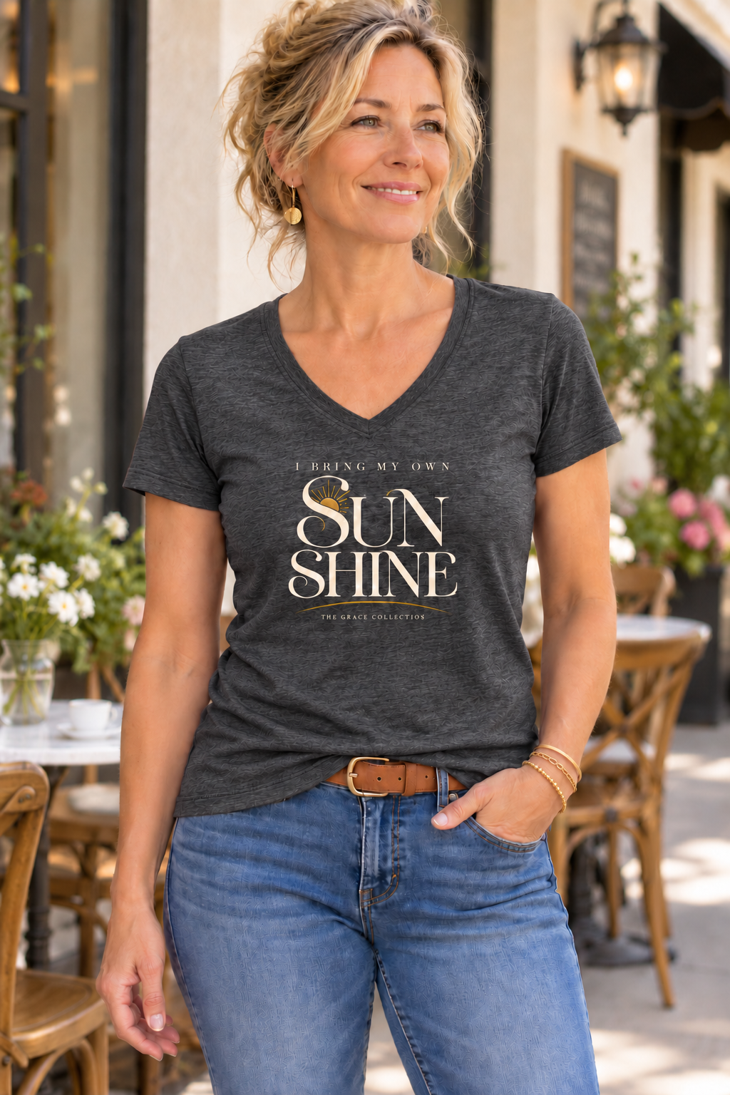 Womens Relaxed Fit V Neck Tee - I Bring My Own Sunshine
