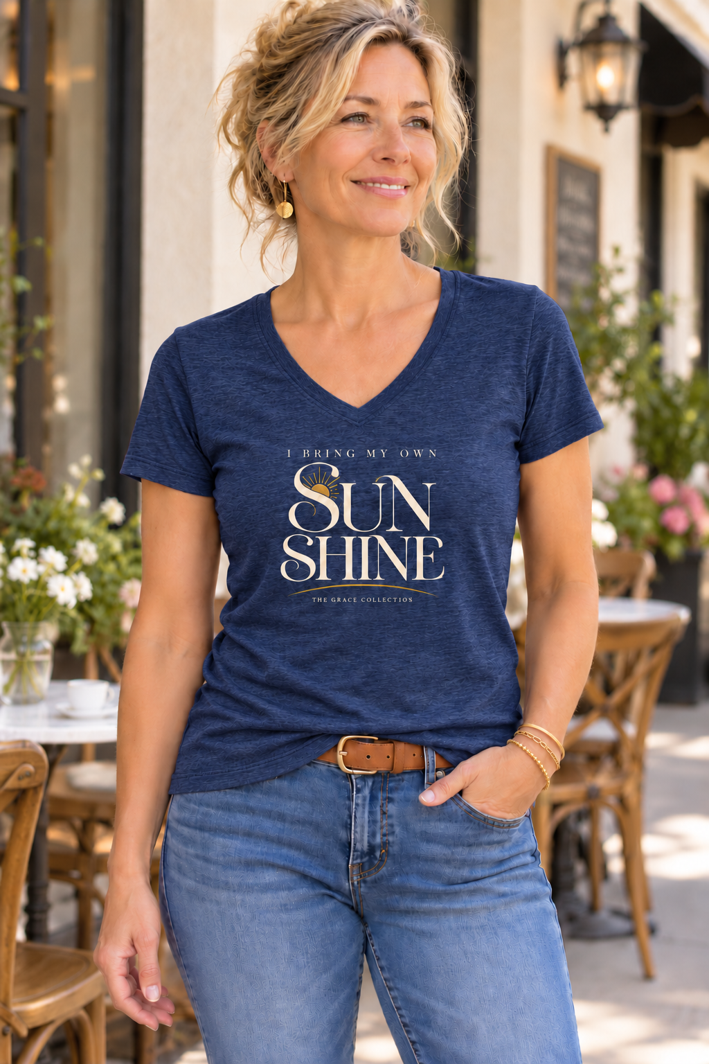 Womens Relaxed Fit V Neck Tee - I Bring My Own Sunshine