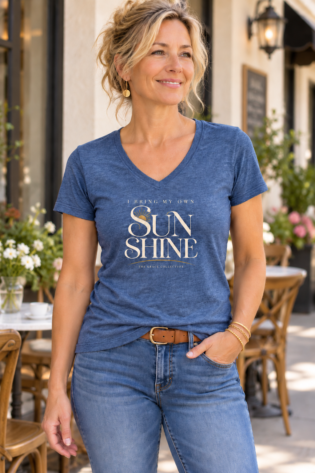 Womens Relaxed Fit V Neck Tee - I Bring My Own Sunshine