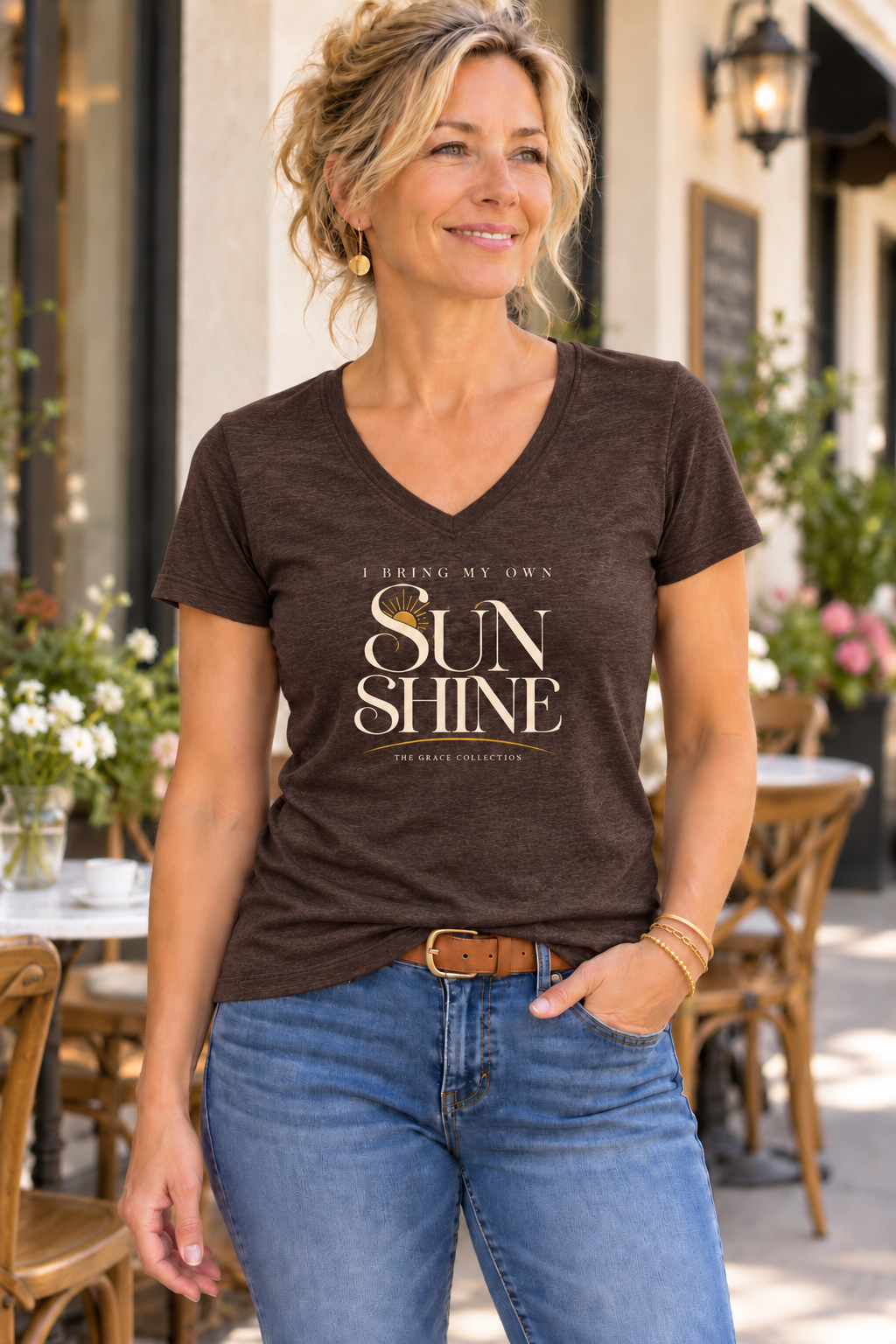 Womens Relaxed Fit V Neck Tee - I Bring My Own Sunshine