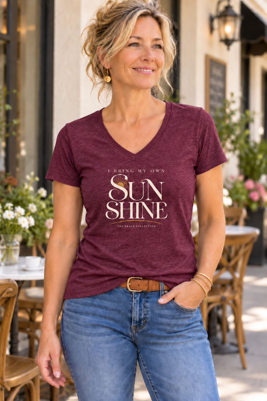 Womens Relaxed Fit V Neck Tee - I Bring My Own Sunshine