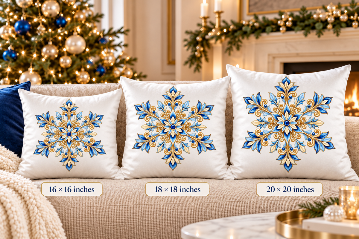 Blue Gold Ornate Snowflake Poly Velvet Pillow