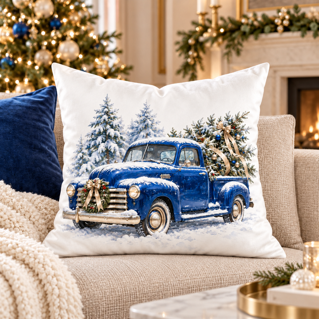 Blue Vintage Truck with Christmas Tree Pillow