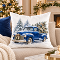 Blue Vintage Truck with Christmas Tree Pillow