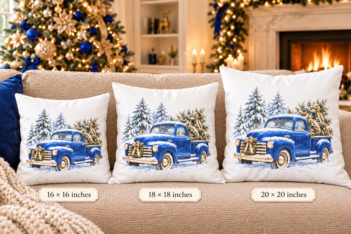 Blue Vintage Truck with Christmas Tree Pillow