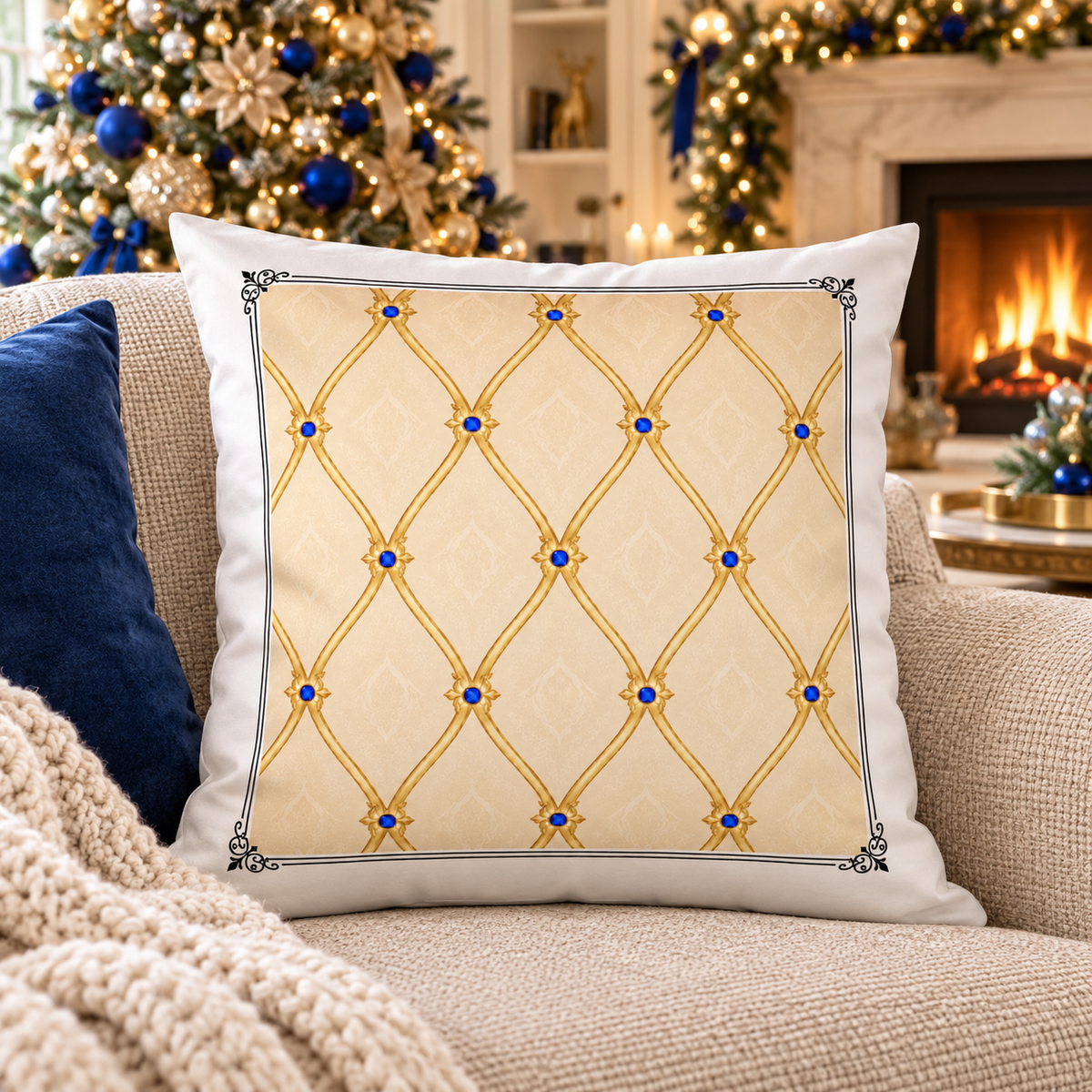 Gold Geometric Lattice Pattern Pillow