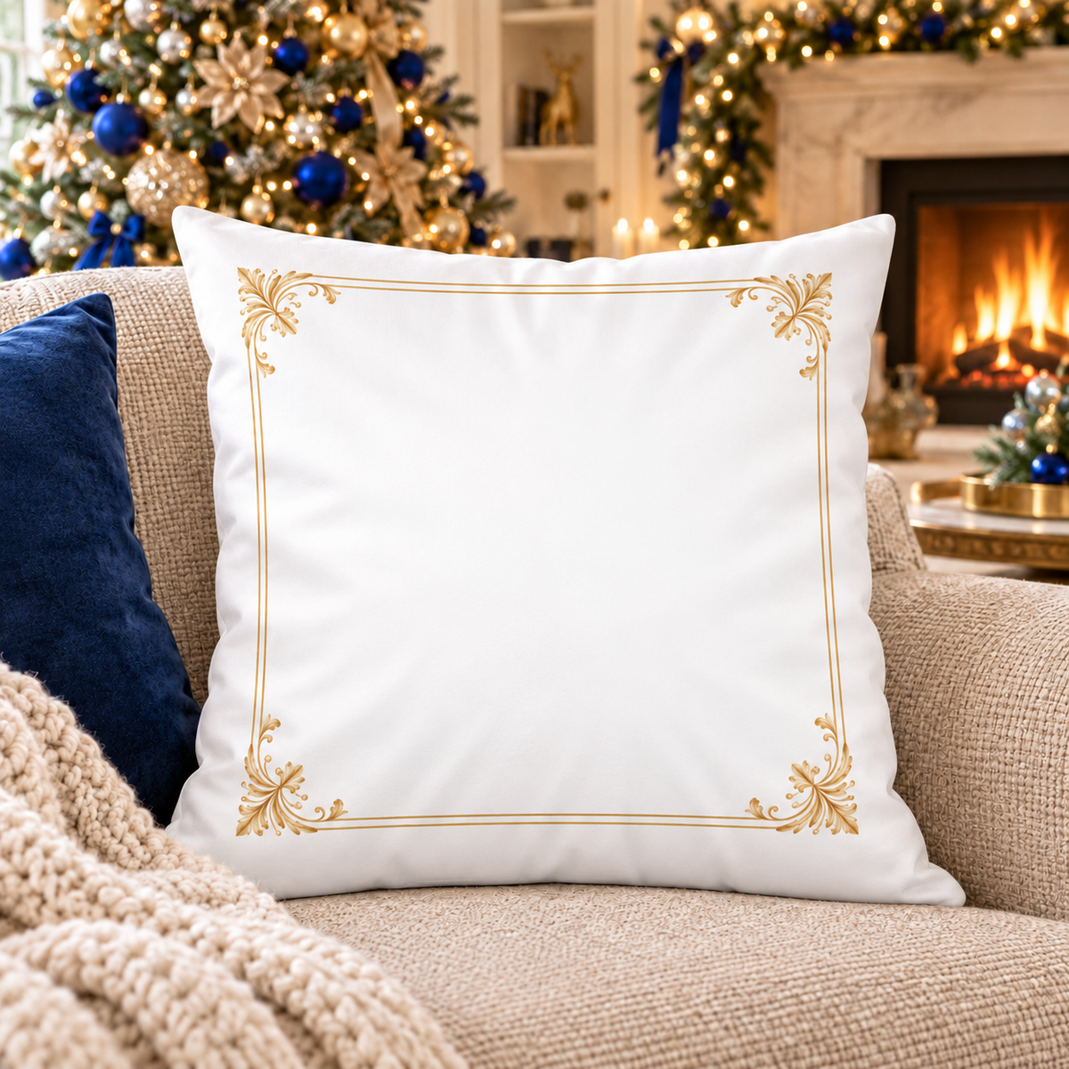 White Ornate Gold Border Poly Velvet Pillow