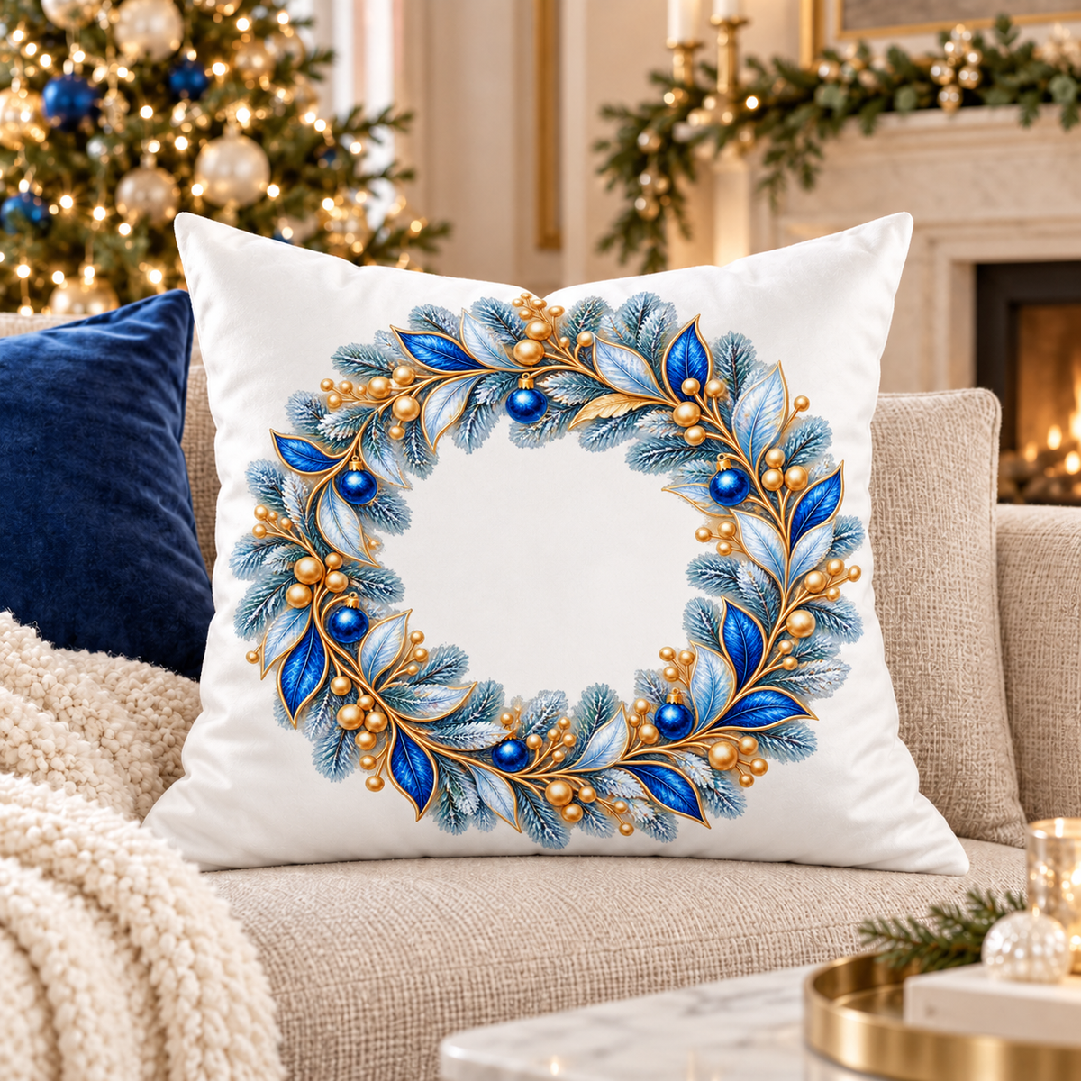Blue and Gold Floral Wreath Pillow | Poly Velvet