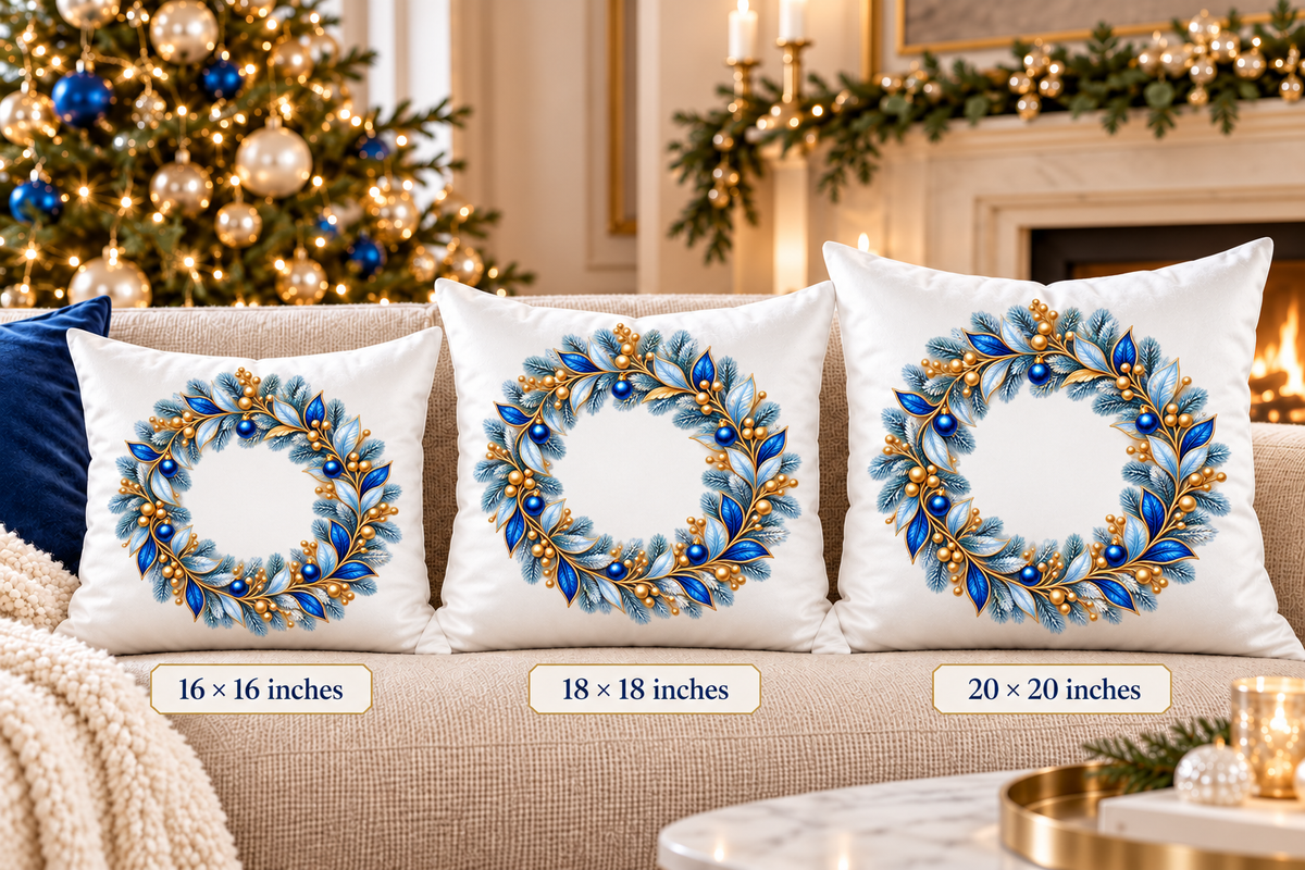 Blue and Gold Floral Wreath Pillow | Poly Velvet