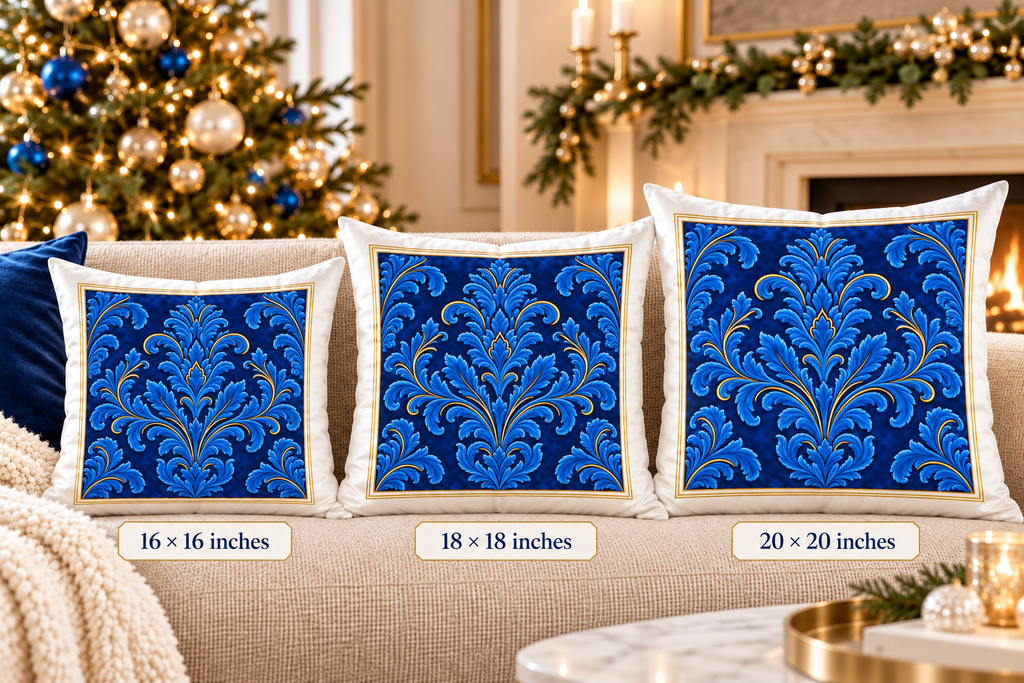 Blue Damask Floral Pattern Pillow | Decorative Poly Velvet Pillow