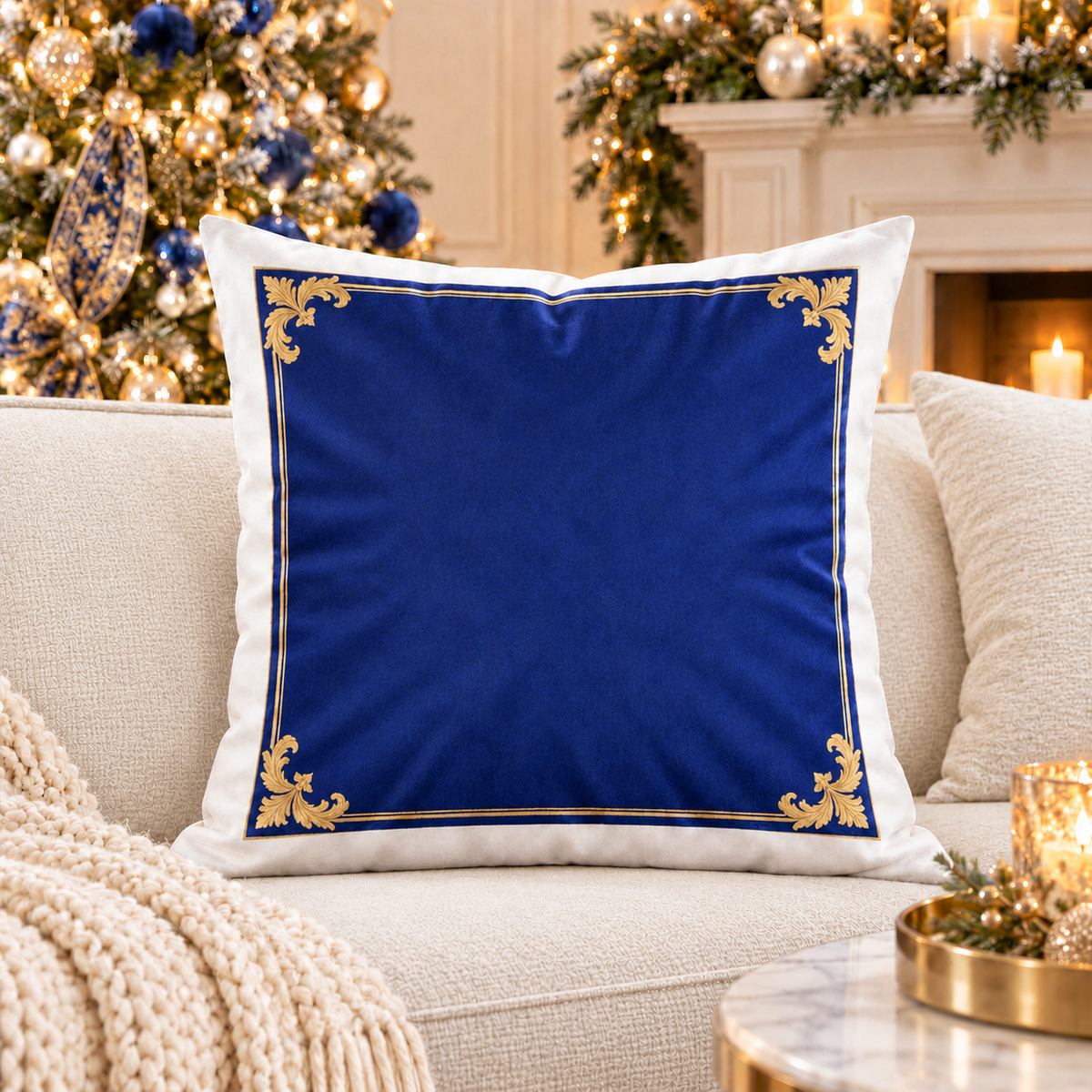 Royal Blue Gold Ornate Border Poly Velvet Pillow