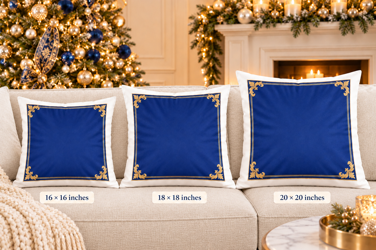 Royal Blue Gold Ornate Border Poly Velvet Pillow