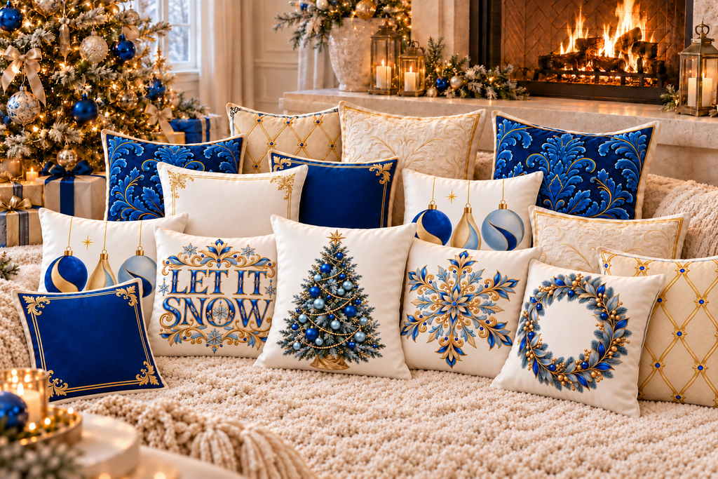 Royal Blue Gold Ornate Border Poly Velvet Pillow