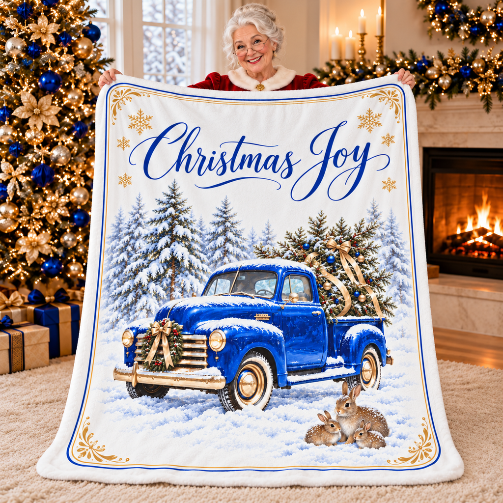 Christmas Joy Blue Vintage Truck  - Deluxe Fleece Throw Blanket