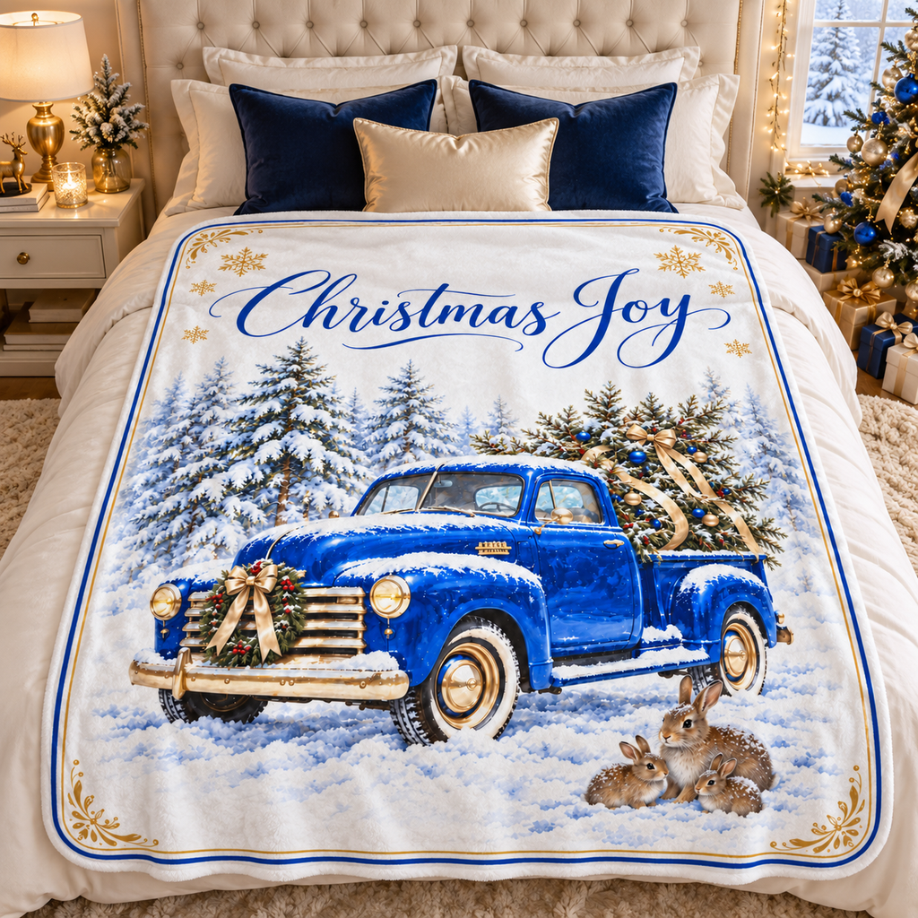 Christmas Joy Blue Vintage Truck  - Deluxe Fleece Throw Blanket