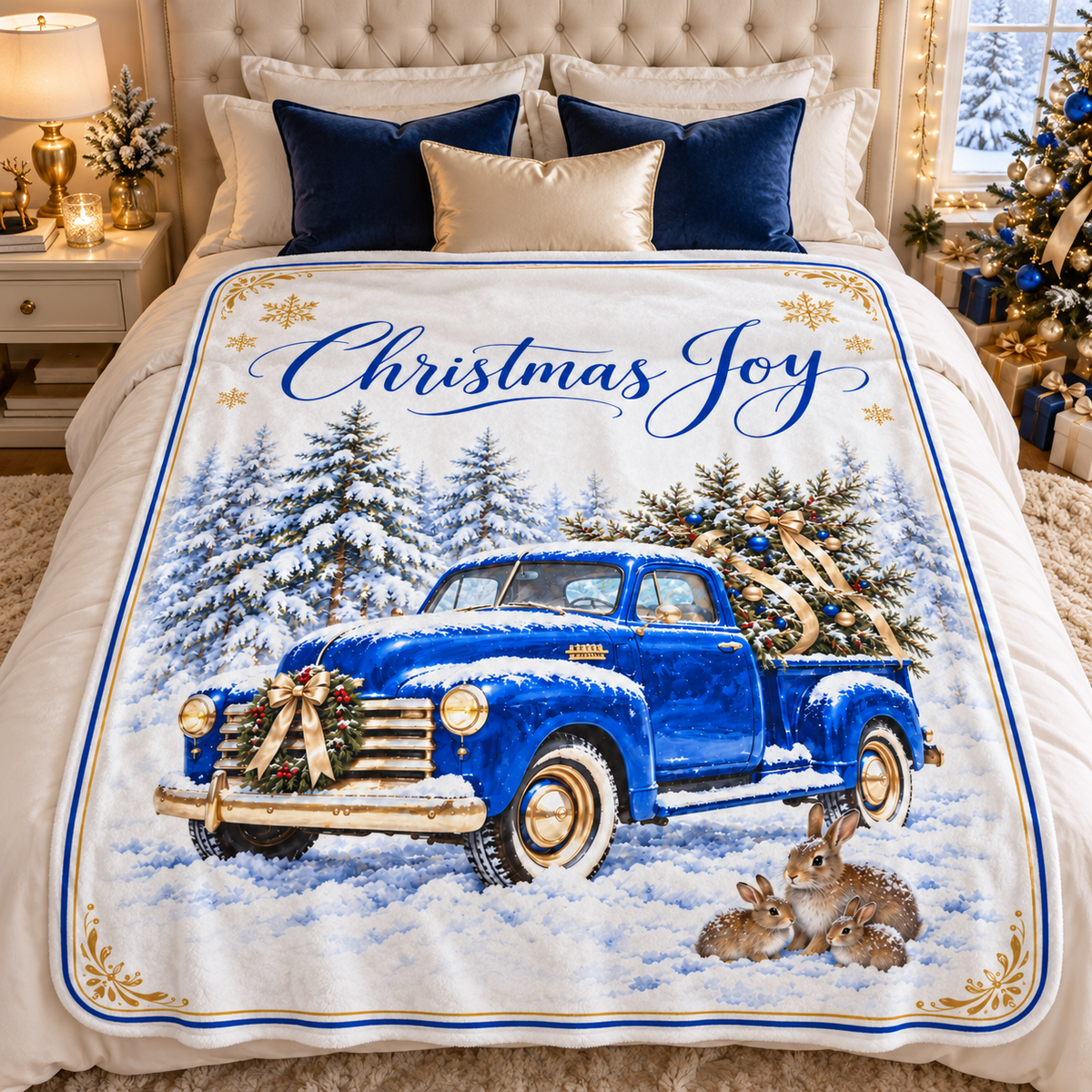 Christmas Joy Blue Vintage Truck  - Deluxe Fleece Throw Blanket