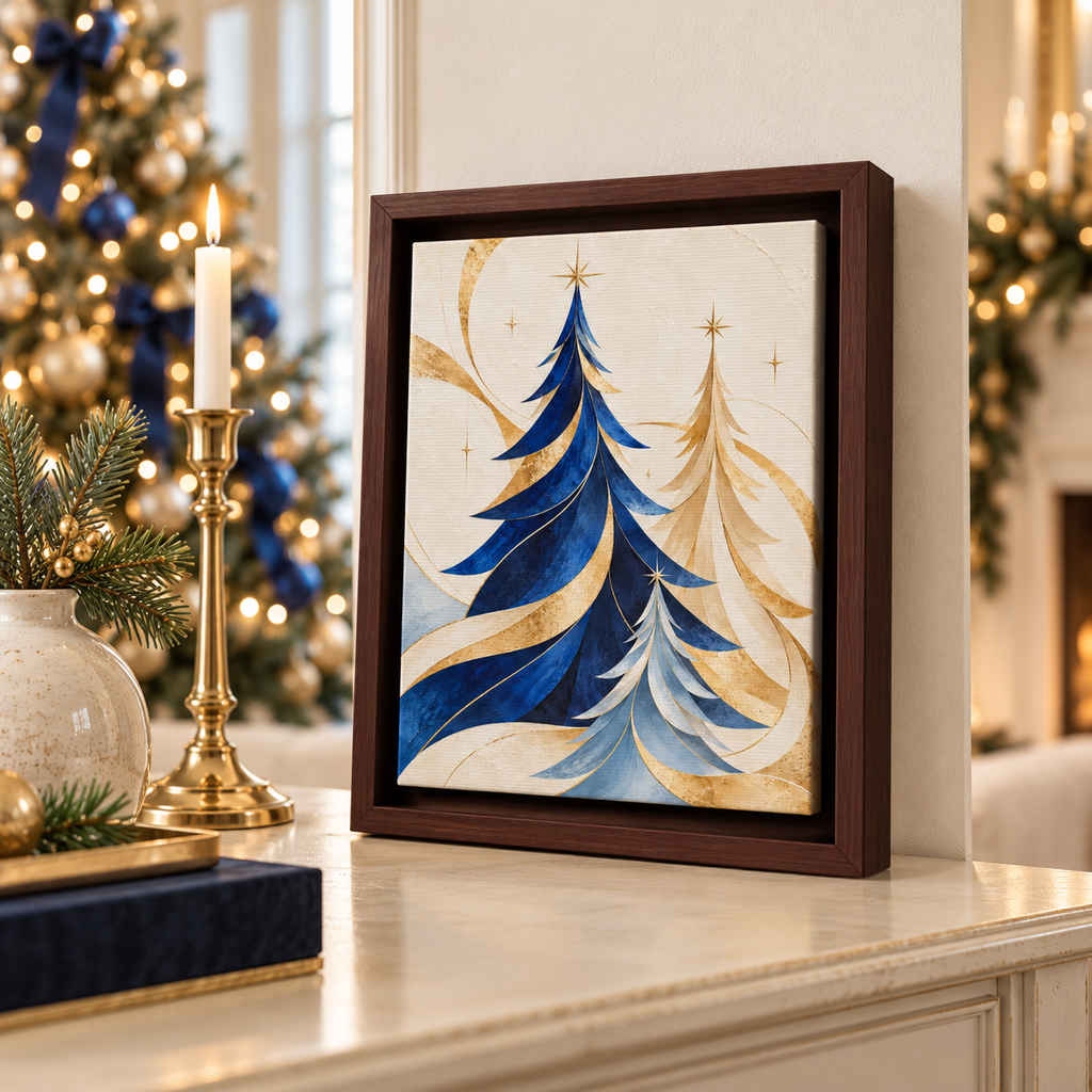 Framed Canvas Wall Art –Modern Blue and Gold Christmas Trees