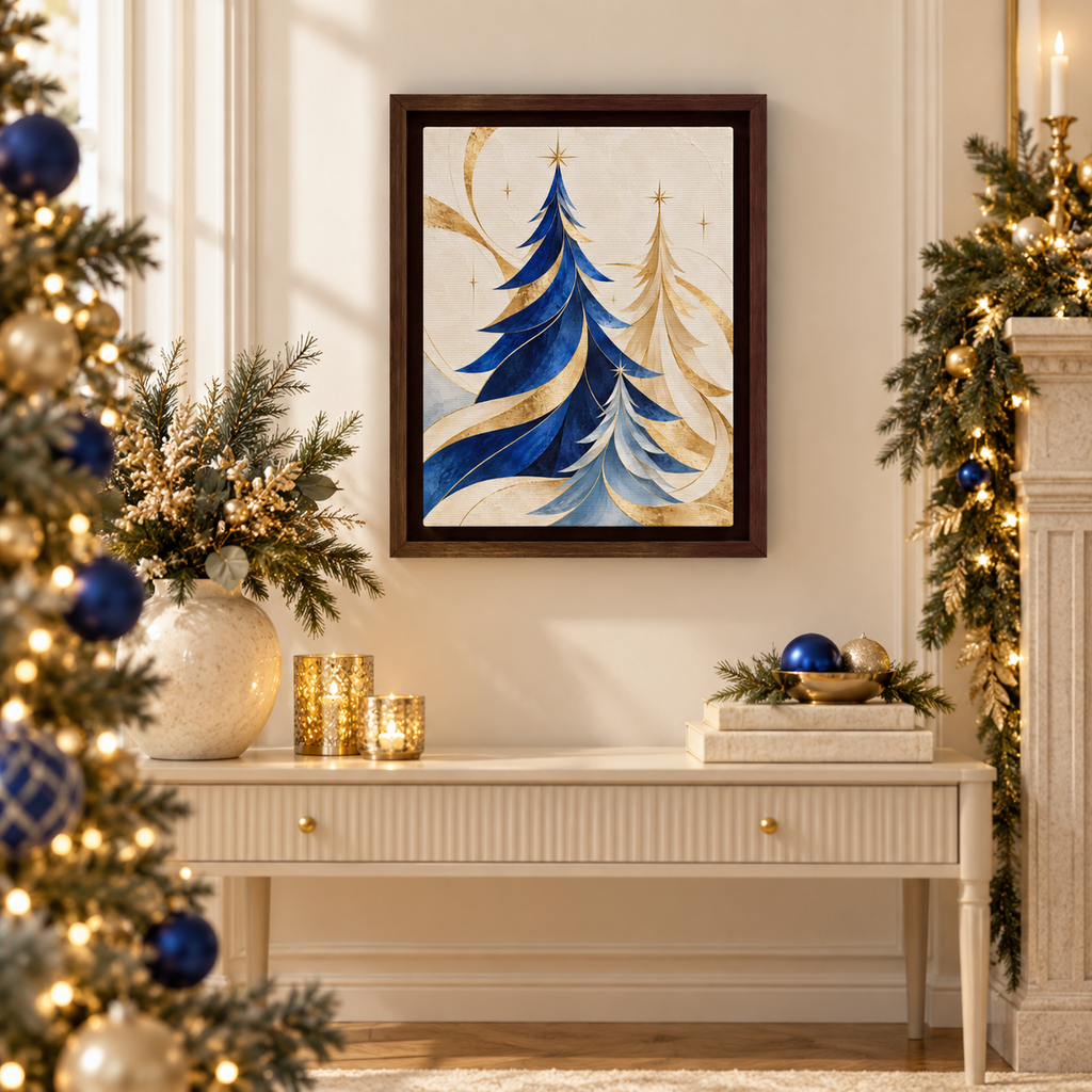 Framed Canvas Wall Art –Modern Blue and Gold Christmas Trees