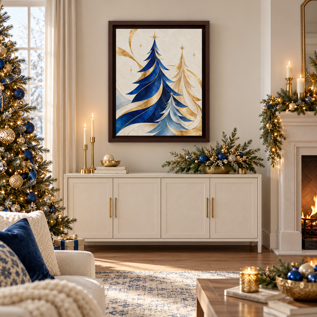 Framed Canvas Wall Art –Modern Blue and Gold Christmas Trees