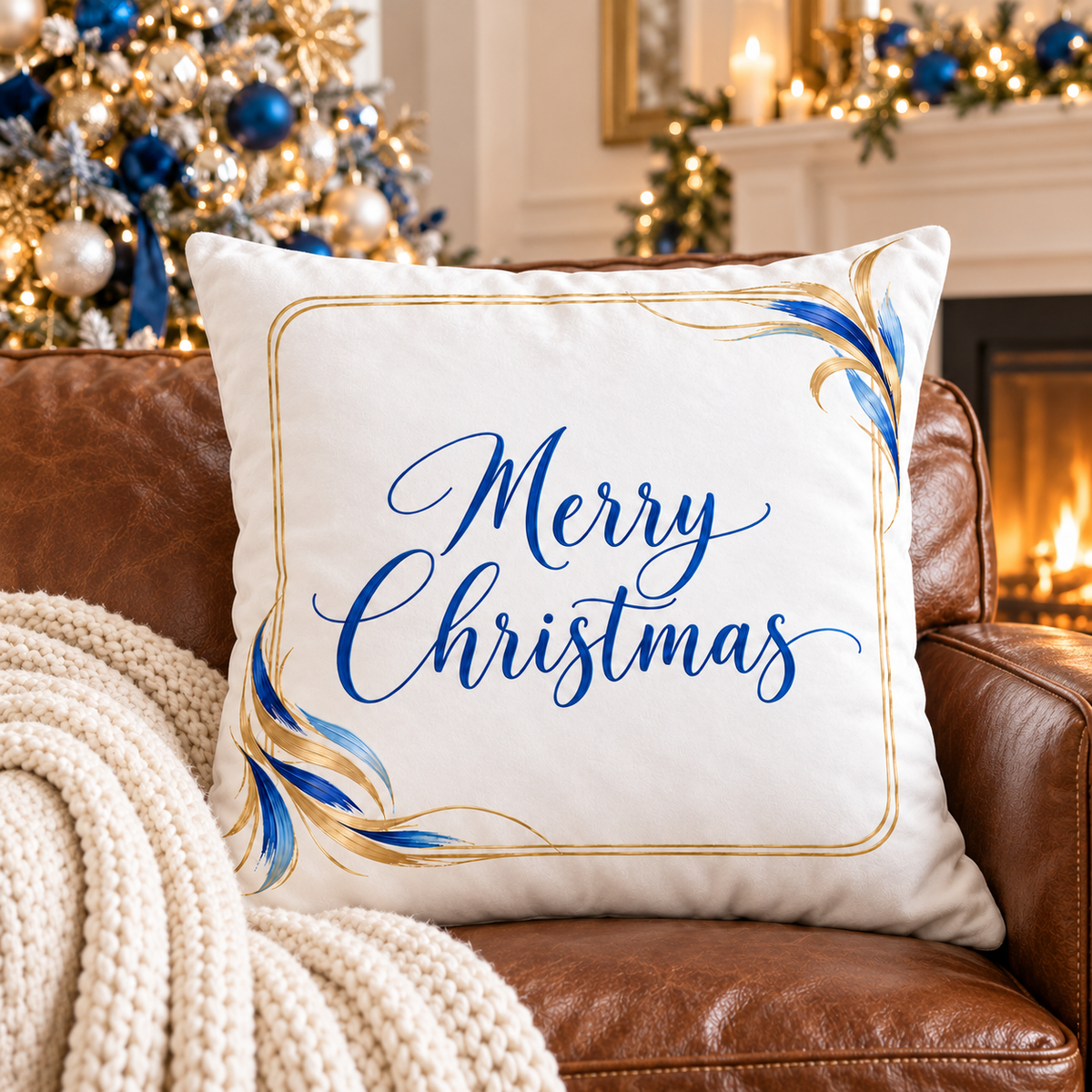 Blue Merry Christmas Faux Suede Pillow Cover