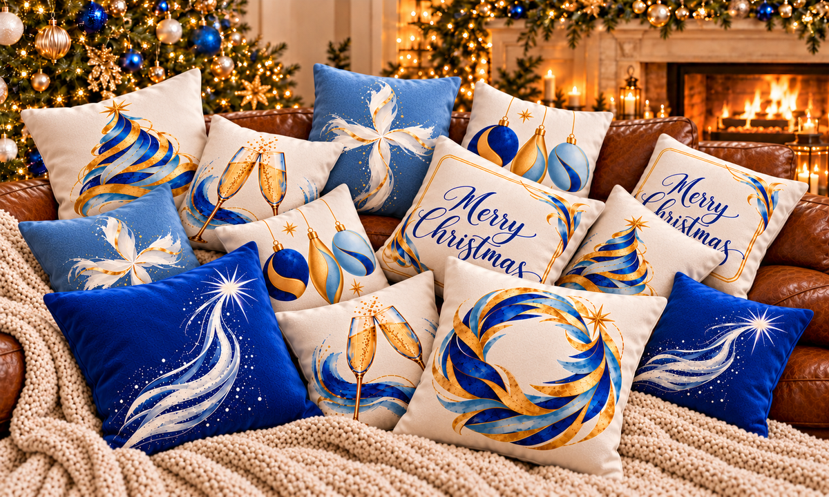 Blue Merry Christmas Faux Suede Pillow Cover