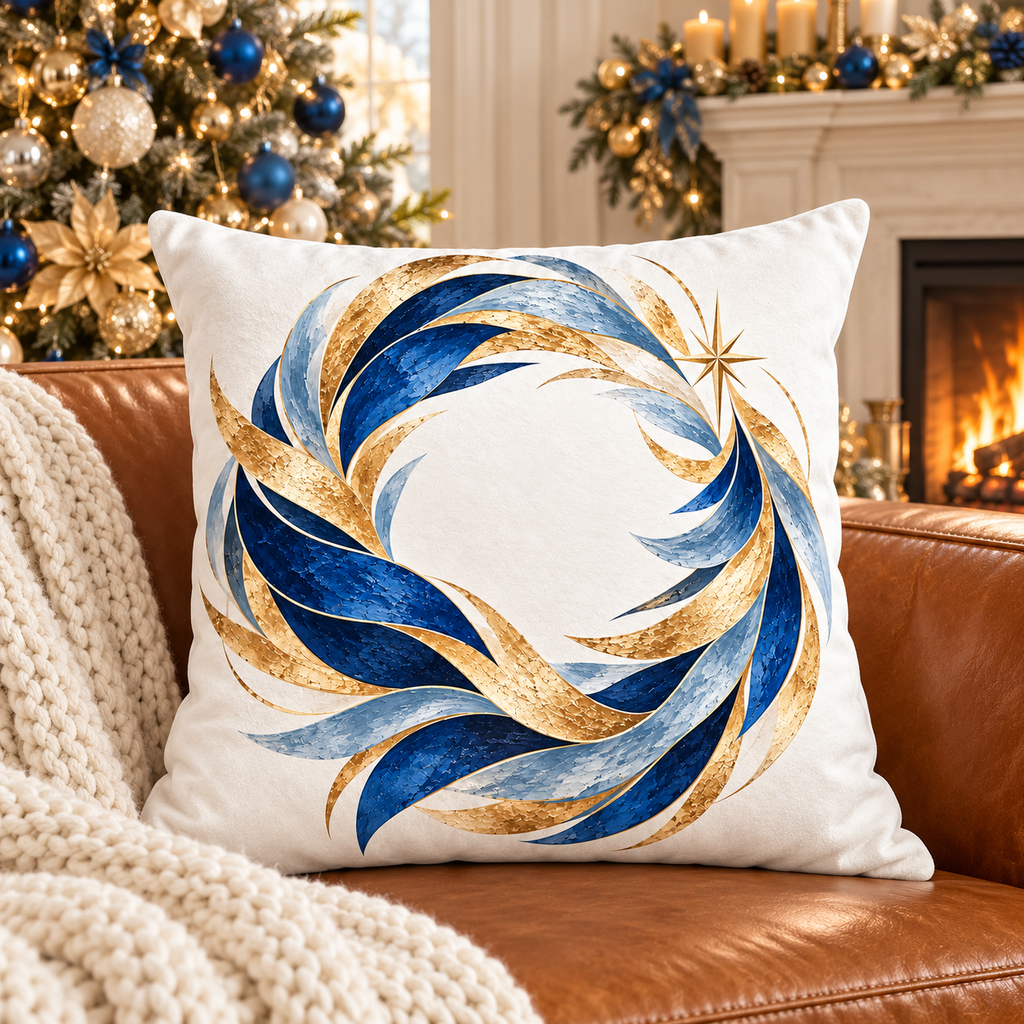 Blue and Gold Abstract Coastal Faux Suede Square Pillow Cover