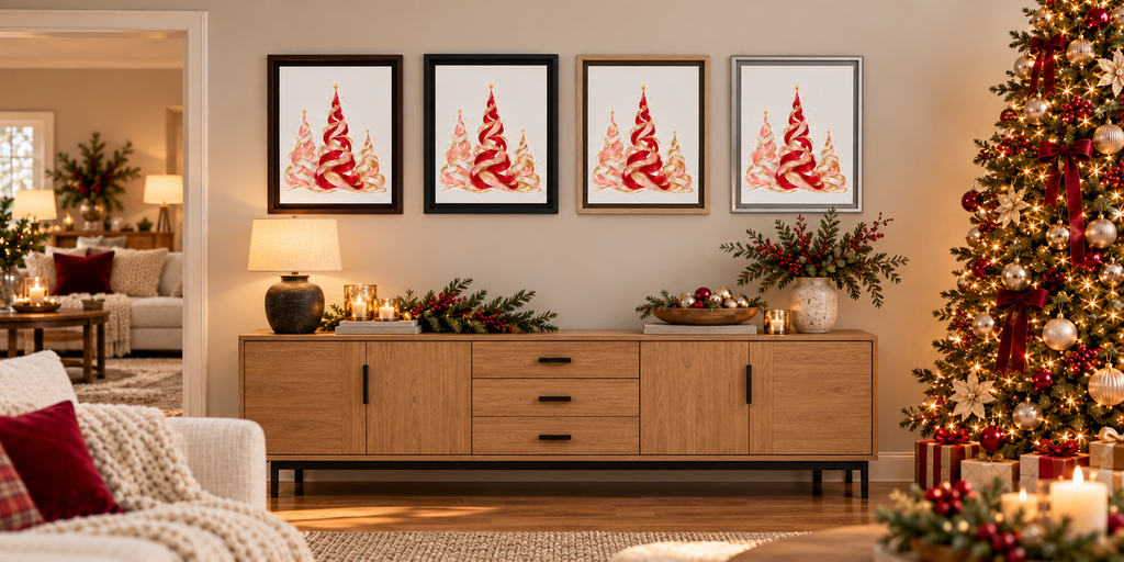 Red and Pink Christmas Tree Trio Framed Canvas
