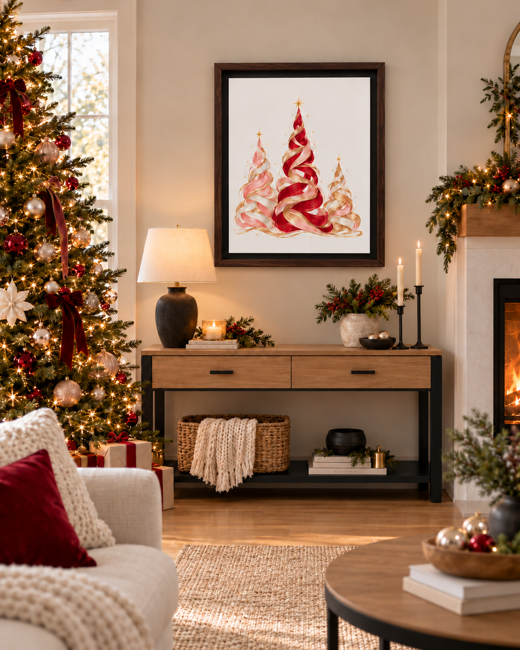 Red and Pink Christmas Tree Trio Framed Canvas