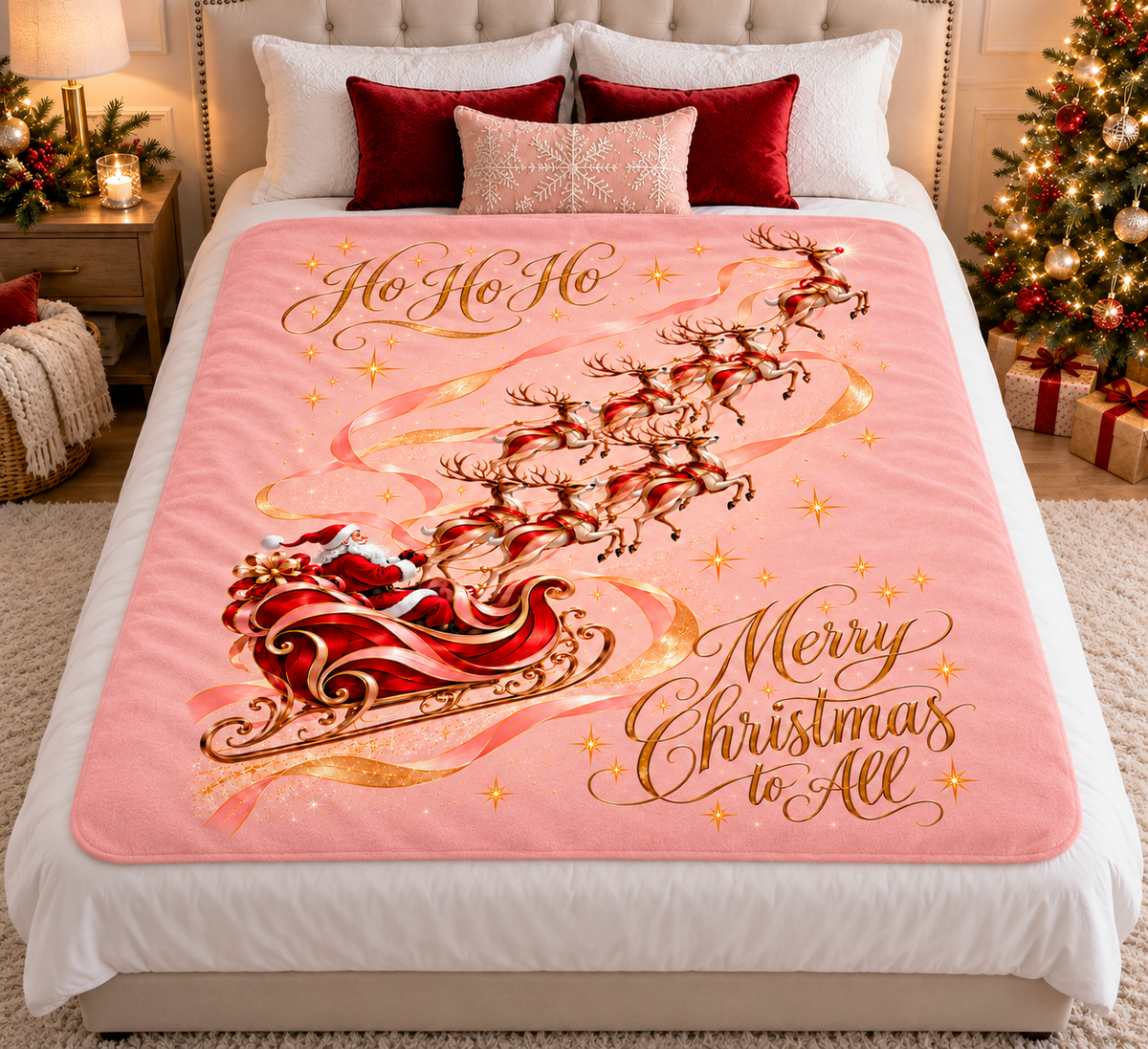 Vintage Santa Sleigh Reindeer Christmas Fleece Throw Blanket