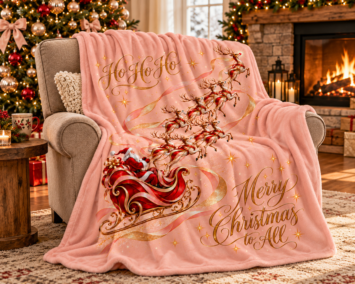 Vintage Santa Sleigh Reindeer Christmas Fleece Throw Blanket