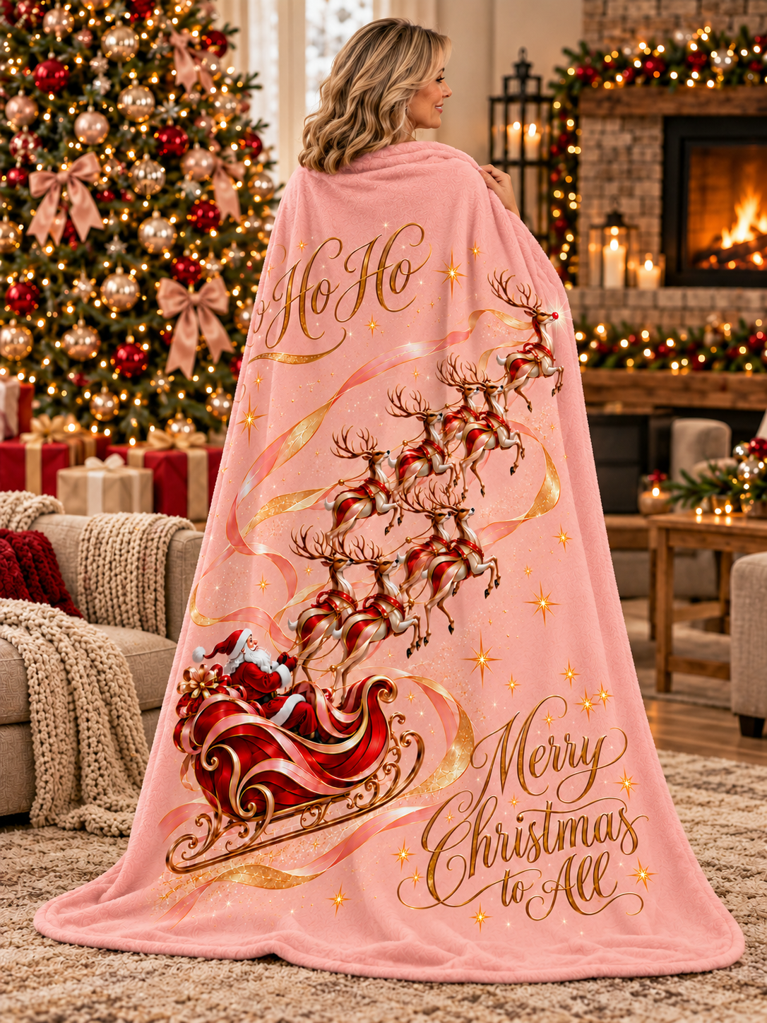 Vintage Santa Sleigh Reindeer Christmas Fleece Throw Blanket