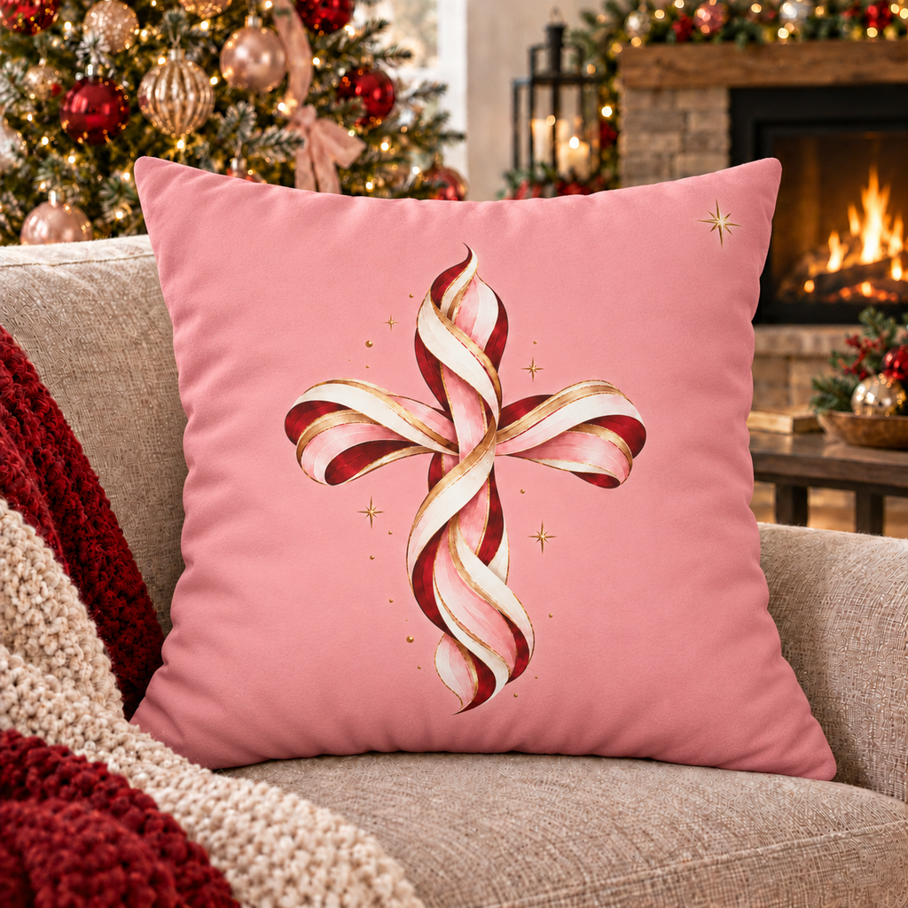 Pink Candy Cane Cross Faux Suede Square Pillow Cover