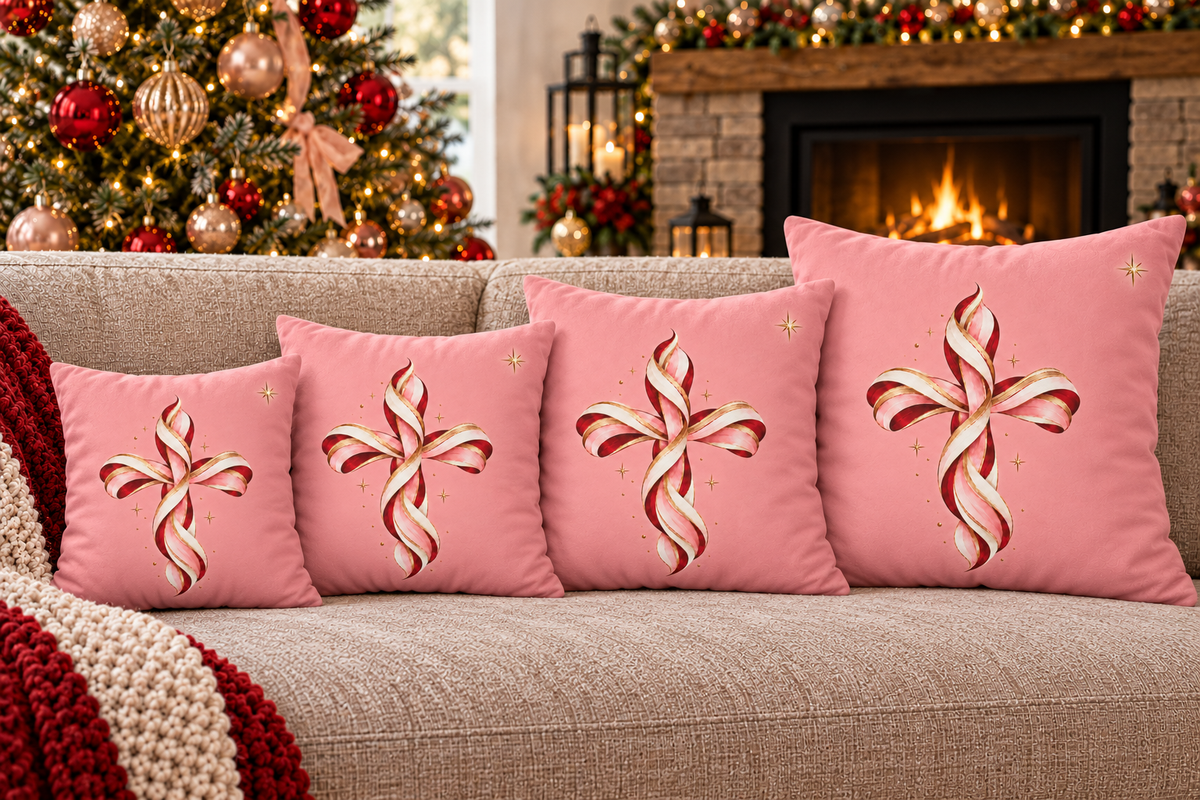Pink Candy Cane Cross Faux Suede Square Pillow Cover
