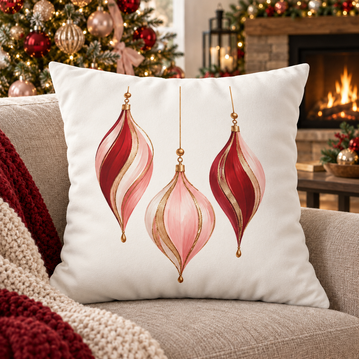 Red and Pink Hanging Ornament Design Faux Suede Square Pillow Cover