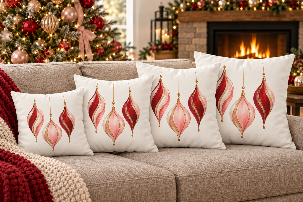 Red and Pink Hanging Ornament Design Faux Suede Square Pillow Cover