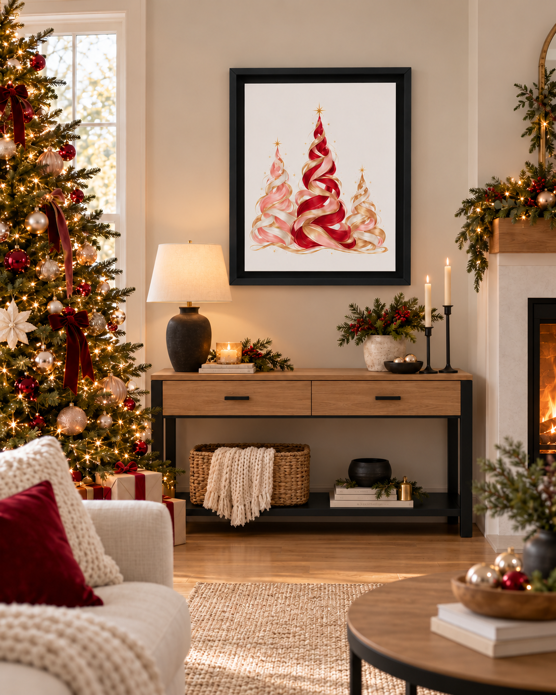 Red and Pink Christmas Tree Trio Framed Canvas