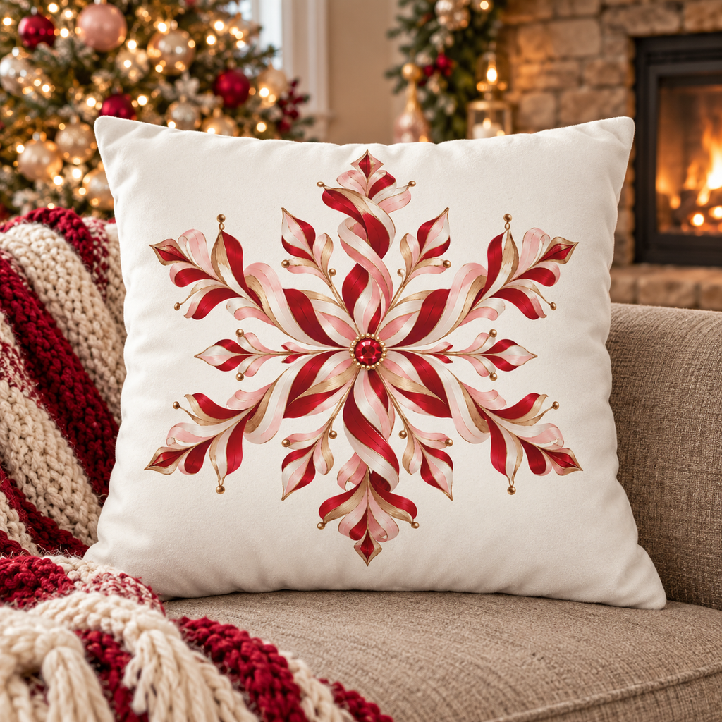 Red and Gold Candy Cane Snowflake Faux Suede Square Pillow Cover