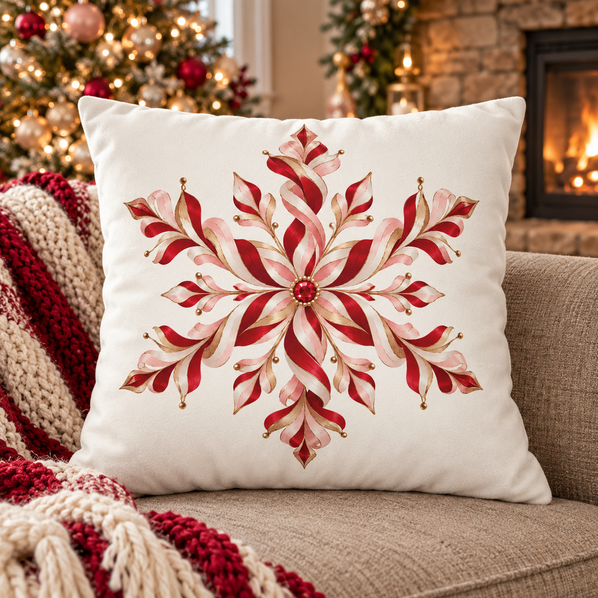 Red and Gold Candy Cane Snowflake Faux Suede Square Pillow Cover