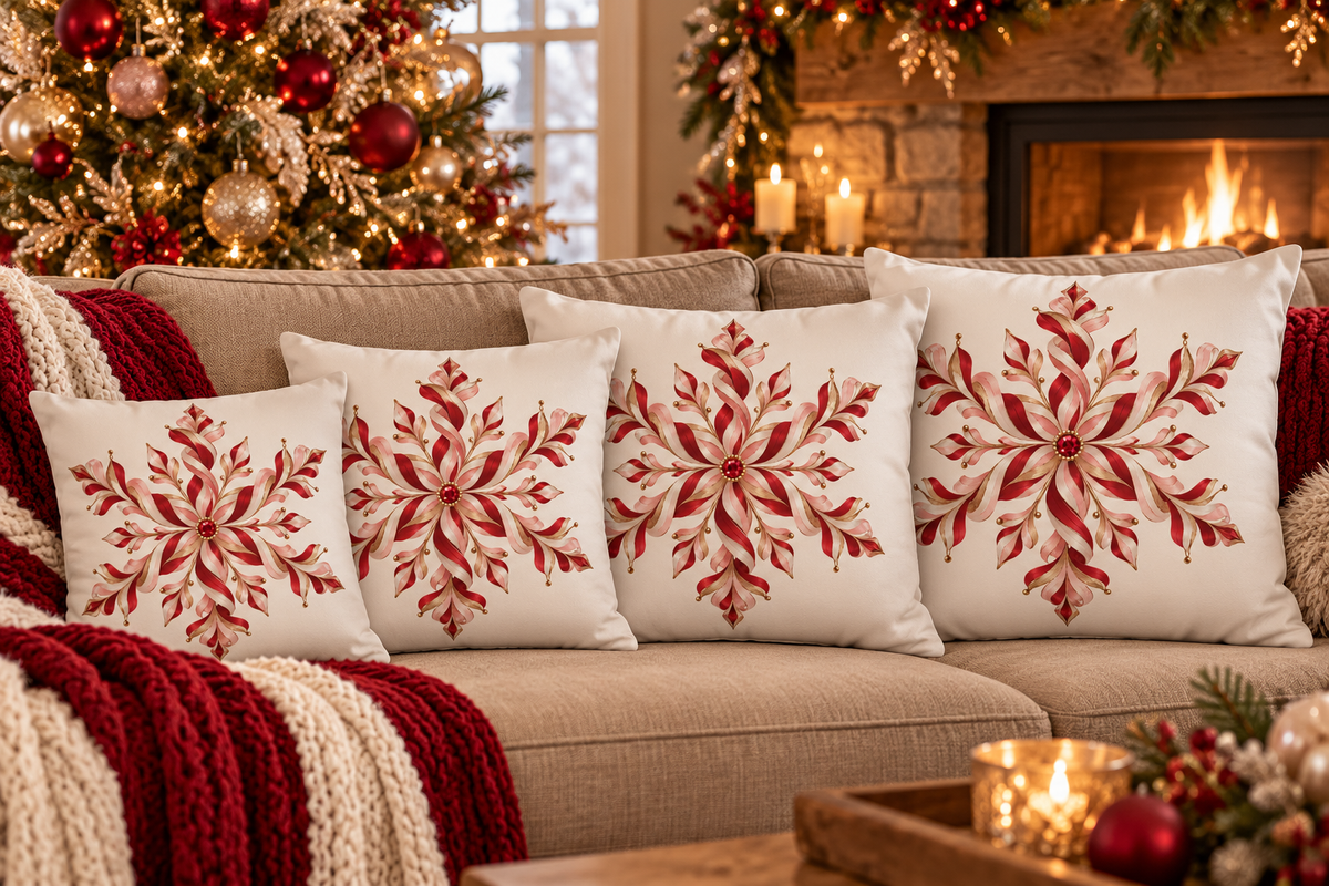 Red and Gold Candy Cane Snowflake Faux Suede Square Pillow Cover