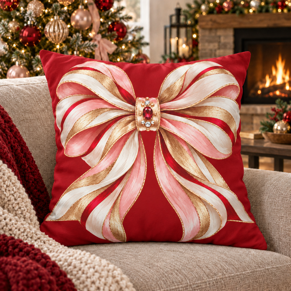 Red and Pink Ribbon Bow Faux Suede Square Pillow Cover