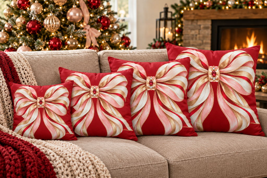 Red and Pink Ribbon Bow Faux Suede Square Pillow Cover